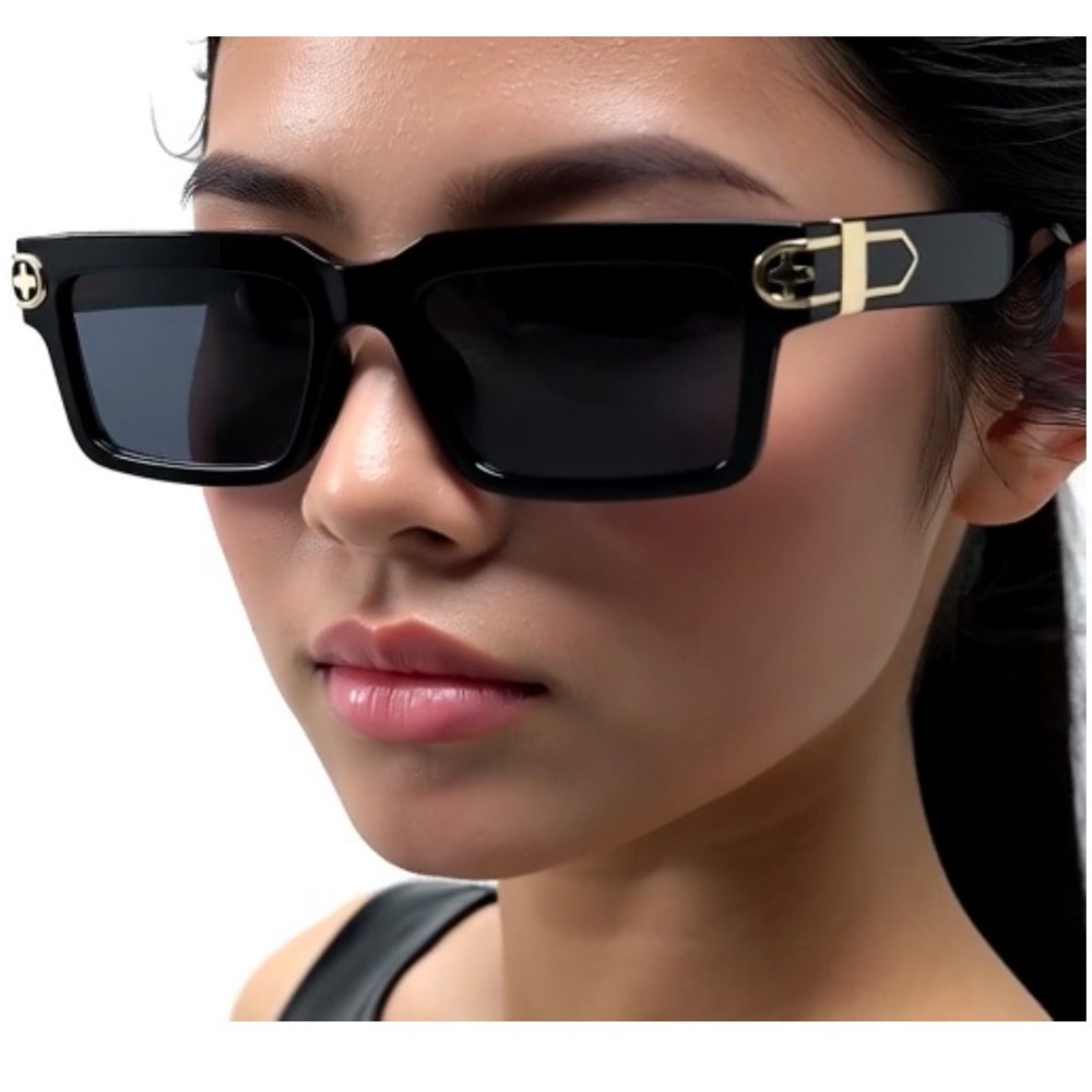 Black Square Sunglasses Gold Buckle Detail Women's Fashion Eyewear‎ Rectangular
